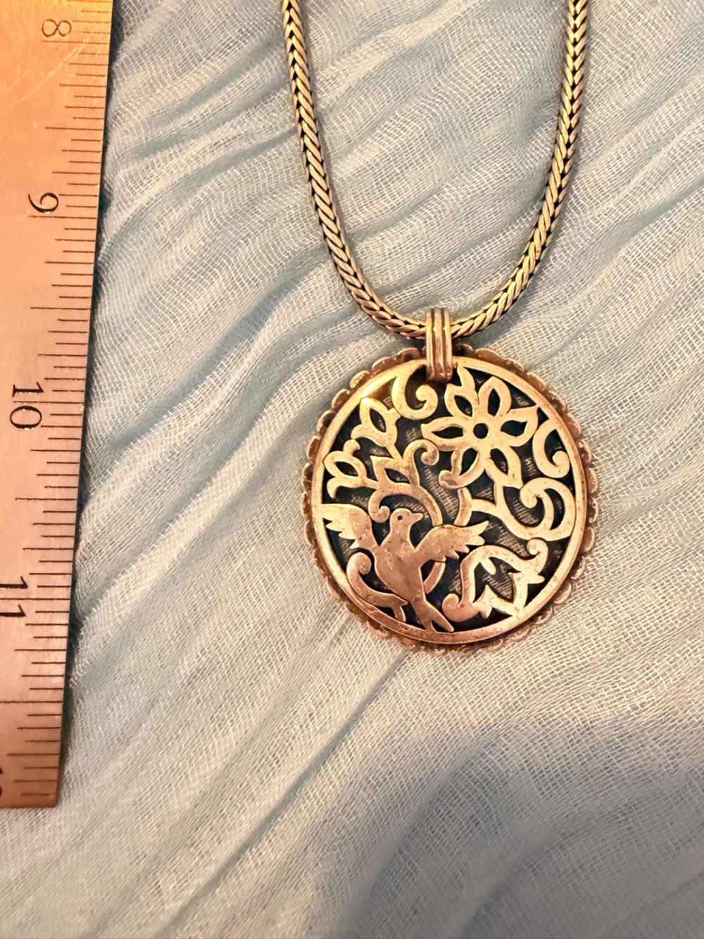Brighton Silver Tone Hummingbird Floral Scroll Circle Pendant Necklace
